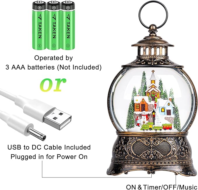 9.8" Christmas Snow Globe Water Lantern with Mountain Village and Train Scene Battery Operated or USB Powered Musical Lighted Holiday Decoration for Tabletop Display for Family and Friend