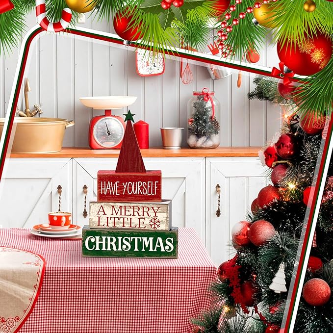 4 Pcs Christmas Decor Wooden Christmas Tree Winter Tiered Tray Decor Xmas Table Centerpiece Rustic Decorative Tree Block Signs Gift Farmhouse Winter Table Decoration for Home Kitchen