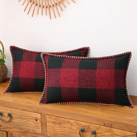 decorUhome Christmas Buffalo Plaid Check Throw Pillow Covers 12x20 Set of 2, Farmhouse Gingham Lumbar Linen Decorative Pillow Covers with Stitched Edge for Bed Couch Sofa, Red and Black