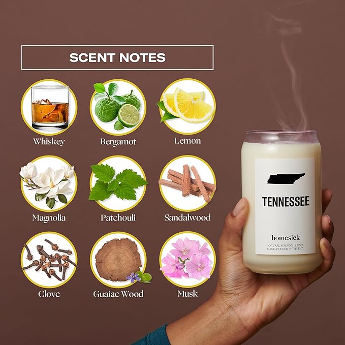 Homesick Scented Candles for Home (Tennessee) - 13.75 oz Long-Lasting Soy Wax Jar Candle for Women & Men for All Occasions, 60-80 Hours Burn Time - Notes of Patchouli, Sandalwood & Tonka Bean