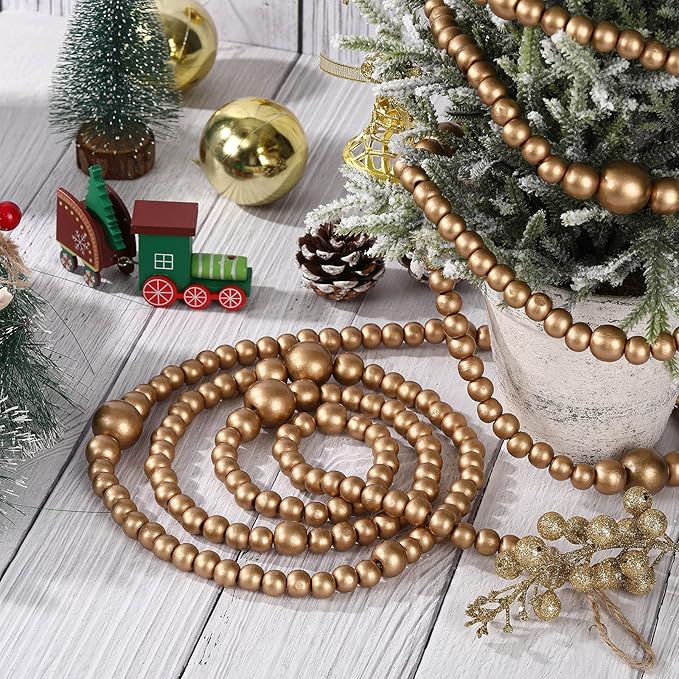 12 Feet Christmas Wooden Beads Garland Round Craft Farmhouse Vintage Wood Bead Garlands for Xmas Decoration Supplies(Gold)