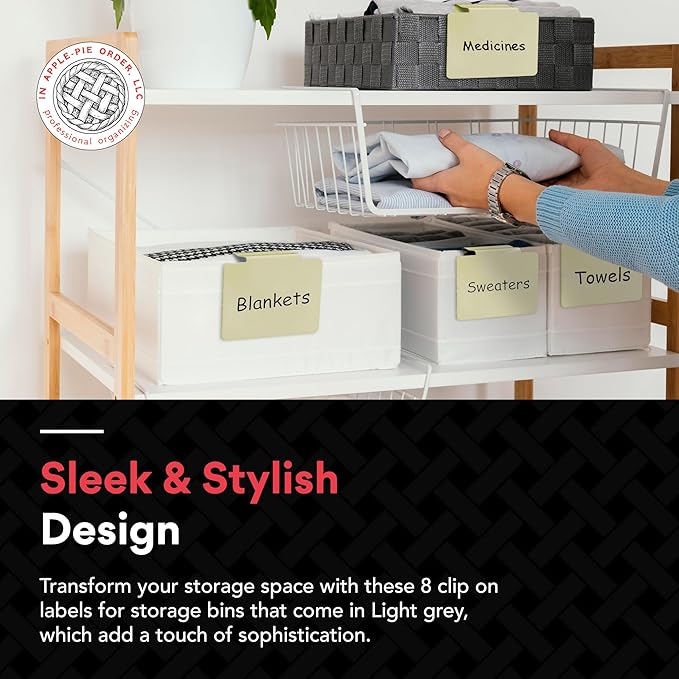Labels for Storage Bins | Metal Storage Bin Clips (2.5โ x 3.5โ) - Set of 8 Basket Clip On Tags for Storage Bins w/Non-Slip Grip Pads & Dry Erase Marker - Removable Bin Labels for Storage Baskets