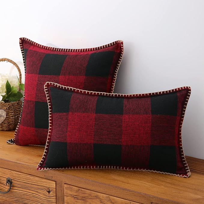 decorUhome Christmas Buffalo Plaid Check Throw Pillow Covers 20x20 Set of 2, Farmhouse Gingham Linen Decorative Pillow Covers with Stitched Edge for Bed Couch Sofa, Red and Black