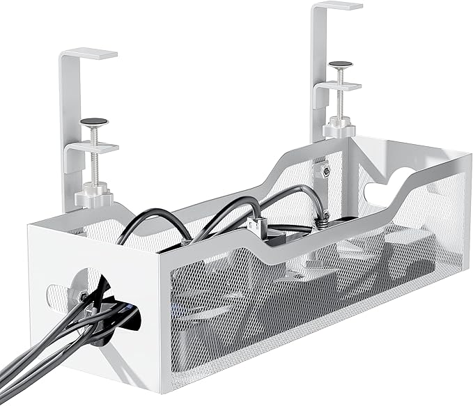 Under Desk Cable Management Tray 13.38", Quszmd Cable Organizer No Drill, Standing Cord Organizer and Wire Management Tray - No Damage to Desk, White