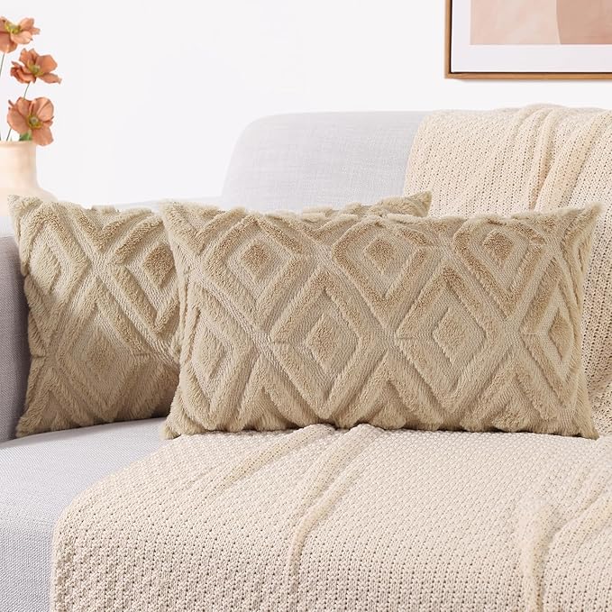 decorUhome Couch Throw Pillow Covers 12x20 Set of 2, Decorative Soft Plush Faux Wool Lumbar Neutral Accent Pillow Covers for Bed Sofa Living Room, Light Khaki