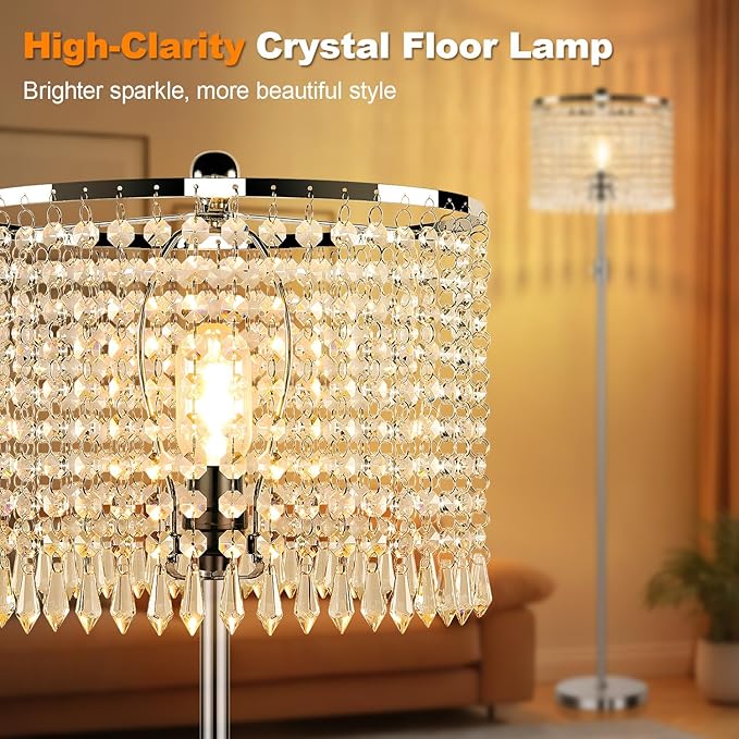 【Upgraded】 Floor Lamps for Living Room, 1000LM LED Bulb Included, Dimmable Standing Lamp with Crystal Lampshade, Tall Silver Pole Light for Bedroom Nursery Office Corner Reading