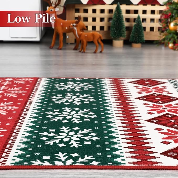 Large Living Room Area Rug 10x13 Christmas Rugs Boho Snowflakes Xmas Dining Room Throw Carpet Non Slip Low Pile Holiday Decor Area Rugs Stain Resistant Xmas Area Rugs for Beedroom Nursery, Red