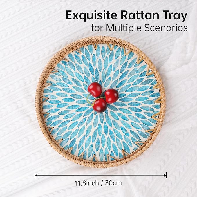 Round Rattan Tray with Mother of Pearl Inlay, Rattan Serving Tray for Coffee, Bread, Fruits, Decorative Wicker Tray for Table Decor, Home Decor, Kitchen Island Decor (Turquoise Leaf, 11.8")