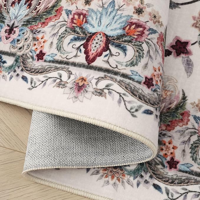 Rugcomf Vintage Paisley Kitchen Runner Rug 2'x6' - Machine Washable, Non-Slip Low Pile Floral Carpet for Laundry, Bedroom, Bathroom - Beige