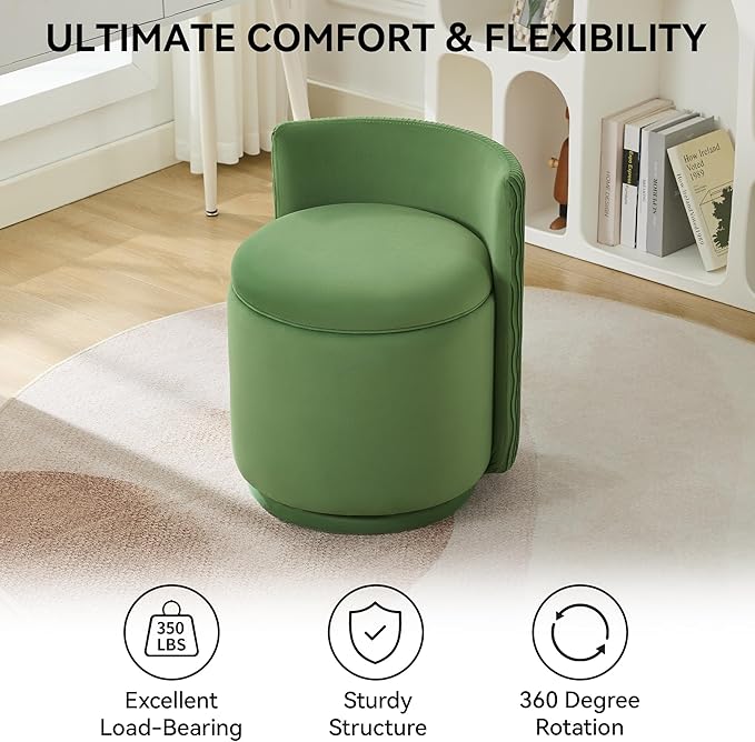 Velvet Vanity Chair with Storage, 360° Swivel Makeup Chair with Wave Back, No Assembly Small Accent Stool for Bedroom, Dressing, Living Room, Green