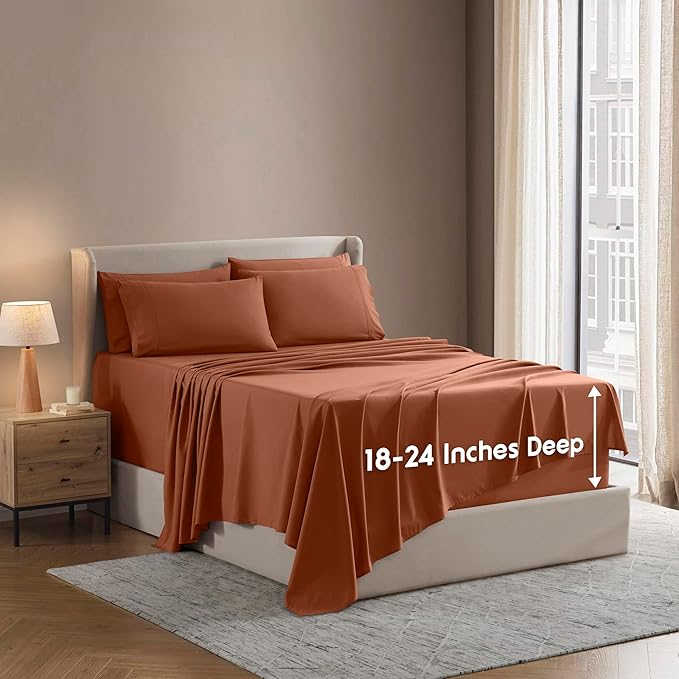 Nestl Extra Deep Cal King Sheet Set - 6 Piece Breathable & Cooling Sheets - Hotel Luxury Bedding Set w/18-24 Inch Deep Pockets - Easy & Secure Fit - Super Soft, Wrinkle Free & Comfy - Rust