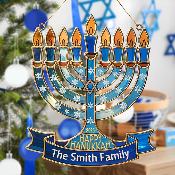 Personalized Hanukkah Suncatchers for Windows - Menorah Shape Ornament, Hanukkah Ornaments for Tree, Merry Chrismukkah Jewish and Christian, House Warming Gifts for Family