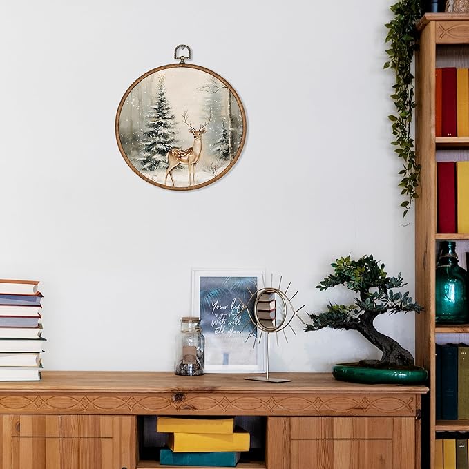 KSDUT Christmas Wall Decor Art - Winter Woodland Xmas Wall Art Canvas Frame Hanging Prints, Vintage Pine Tree Deer Holiday Landscape Round Wall Art Decor for Home Farmhouse Decorations 10"x10"