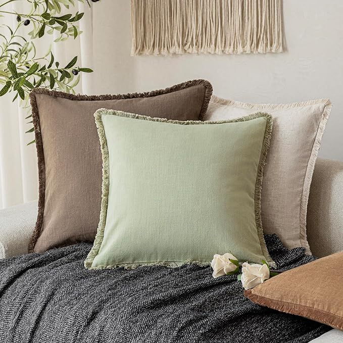 Foindtower Set of 2 Decorative Linen Fringe Throw Pillow Covers Boho Farmhouse Cushion Cover with Tassels Soft Accent Pillowcase for Couch Sofa Bed Living Room Home Decor,20×20 Inch,Light Sage Green