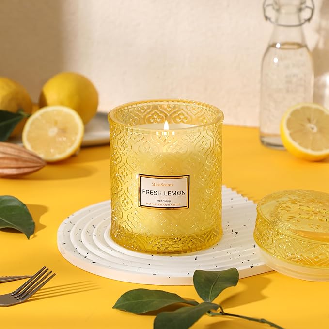 Lemon Scented Candles, 19oz Aromatherapy Candles Gifts for Women, Yellow Luxury Large Decorative Candles in Glass, Natural Soy Wax for Home