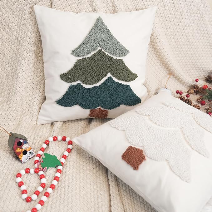 GEEORY Christmas Pillow Covers 18x18 Inch, Embroidered Xmas Tree Throw Pillows Farmhouse Winter Holiday Decor Cushion Case for Sofa & Bed Home Decorations (Beige) GX004-1-18