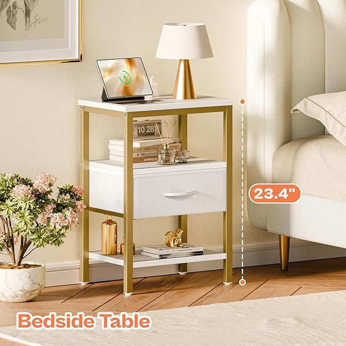 SUPERJARE Nightstand with Charging Station, Bed Side Table with Adjustable Fabric Drawer, Night Stand for Bedroom, 3-Tier Storage End Table, for Living Room, White and Gold