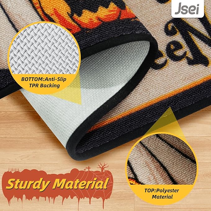JSEI Halloween Holiday Kitchen Mats for Floor, Non-Slip Ghost and Pumpkins Decorative Kitchen Rugs Set of 2, Home Decor Low-Profile Kitchen Runner Rug Washable, 17"x30"+17"x48", Cute Ghost Pattern
