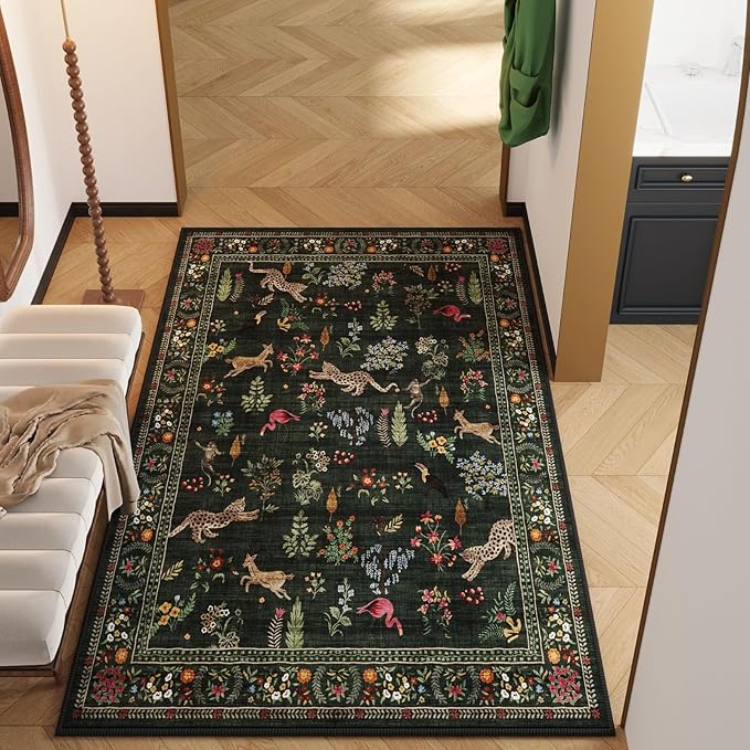 Rugcomf Area Rug 4x6 Rug Washable Boho Rugs Non Slip Low Pile Floral Animal Small Carpet for Bedroom, Bedside, Kids Room, Office, Dining Room (Green)