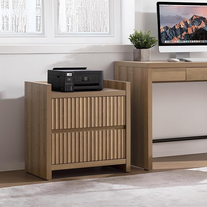 SICOTAS Fluted Night Stand Set 2 - Nightstands with Charger Station, Large Modern Bedside Table End Table with 2 Drawers, 25" Wide Farmhouse Nightstand for Bedroom (Caramel Oak, 2 Pieces)