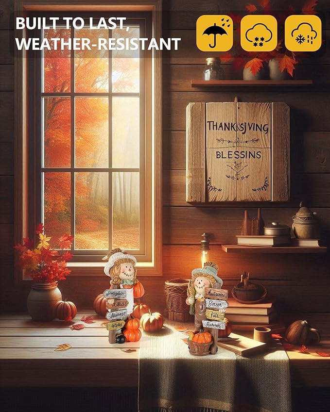 2-Pack Thanksgiving Scarecrow Figurines with Inspirational Autumn Plaques - Durable Resin 5.5'' Thanksgiving Table Decor - Fall Decorations Indoor Outdoor Harvest Gifts (Scarecrows)