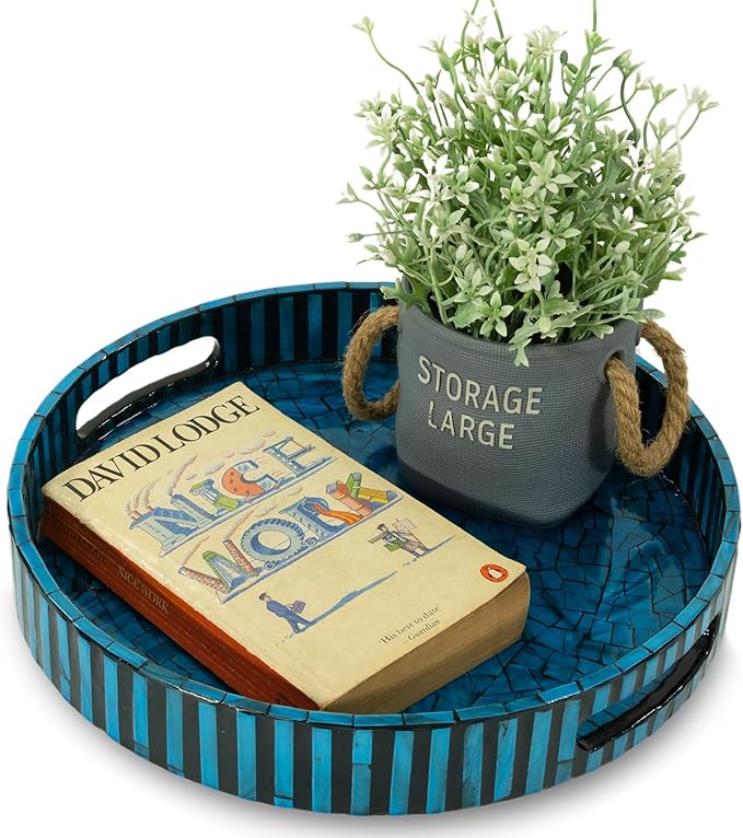 CLAYNIX Serving Tray 12.5 Inch, Lacquer Mother of Pearl Inlay Mosaic Tray, Round Wooden Marble Tray with Handles Trays for Tea, Breakfast (Dark Blue)