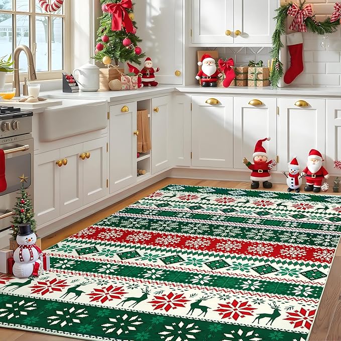Christmas Area Rug 3x5 for Bedroom Living Room Non Slip Xmas Boho Dining Room Throw Carpet Festival Christmas Tree Pattern Small Area Rugs Holiday Decor Indoor Rugs for Kitchen Nursery Entry, Green