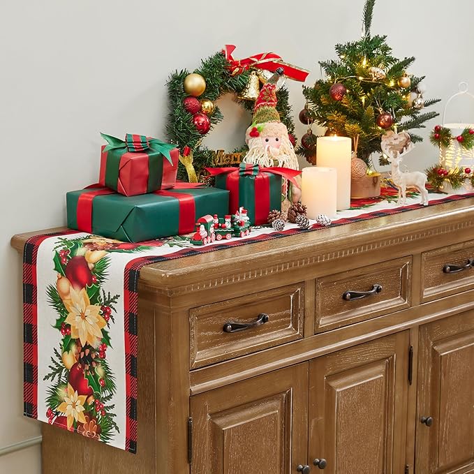Christmas Table Runner - Xmas Balls Flowers Red Buffalo Plaid Check Winter Holiday Decorative Farmhouse Table Decorations for Kitchen Dinning, Indoor Outdoor Dinner Party Decor 13x72 Inch