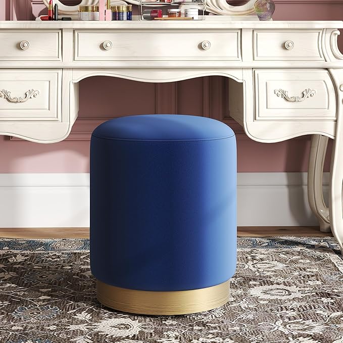 DAGONHIL Modern Round Velvet Ottoman,Upholstered Make-up Short Stools with Gold Plating Base,Foot Stool for Living Room,Pack of 1,Blue