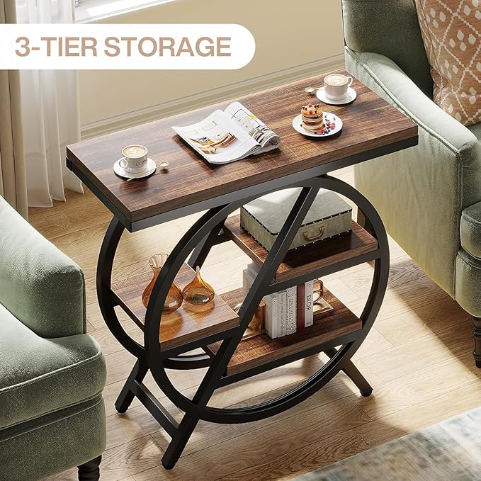 Tribesigns End Table Set of 2, 3-Tier Narrow Sofa Side Table with Storage for Living Room, Wood End Table with Geometric Metal Frame, Industrial Nightstand and Bedside Table for Bedroom, Rustic Brown