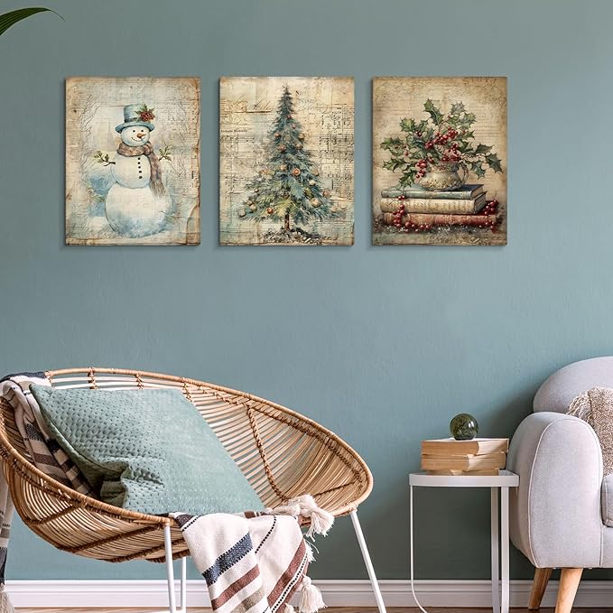 DSHFG Vintage Christmas Wall Art Decor, Retro Christmas Santa Trees Book Wall Decor Canvas Set of 3, Retro Christmas Decorations for Home Bedroom Bathroom Kitchen Living Room, 14x11 Inch Framed