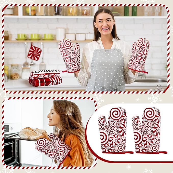 10 Pcs Christmas Kitchen Decor Set Kitchen Towels and Rugs Oven Mitts Pot Holders Absorbent Towels for Baking Cooking BBQ Gifts Home Decor(Red,Christmas Peppermint Candy)