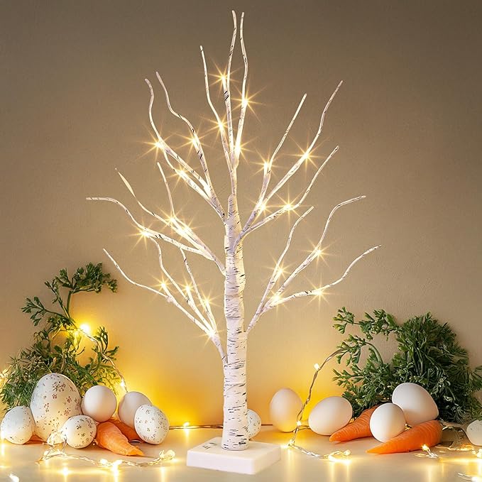 EAMBRITE Lighted Birch Tree Christmas Decorations for Home, White Birch Tree with Lights, 24 LED Lighted Mini Money Tree Twig Tree Battery Operated with Timer, Indoor Table Centerpiece Decor (2FT)
