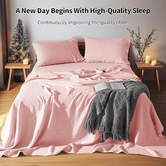 LBRO2M 100% Linen Sheet Set 16" Deep Pocket King Size,Bed Sheets 4 Piece Sets,Solid Color Natural Flax Bed Sheets Soft Breathable Bedding, All Season (King, Blush Pink)