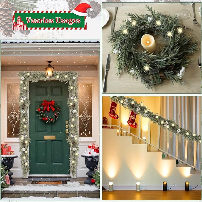 6FT Pre-lit Christmas Garlands with Lights Artificial Christmas Lighted Greenery Pine Cones Garland with White Berries for Christmas Door Mantle Stairs Railing Home Holiday Xmas Decoration Indoor