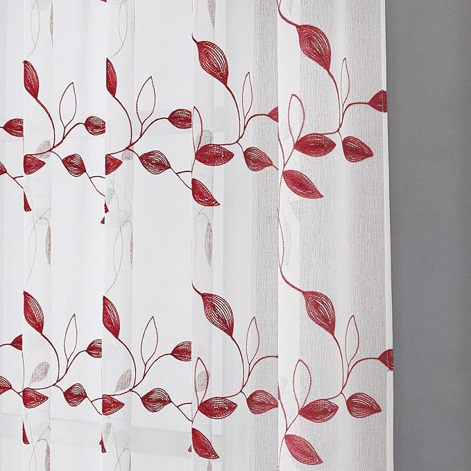 Tollpiz Burgundy Red Leaf Sheer Tier Curtains Leaves Embroidered Kitchen Short Curtain Rod Pocket Voile Bathroom Curtains for Cafe, 30 x 24 inches Long, Set of 2 Panels