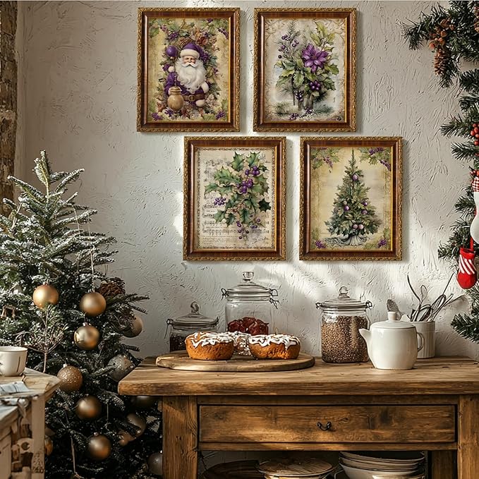 JXREQ Vintage Christmas Pictures Wall Decor Prints,Purple Christmas Wall Art Decorations for Home Kitchen Bedroom Bathroom Living Room Office,Santa Claus Xmas Tree Decor Prints Set of 4,8x10 Unframed