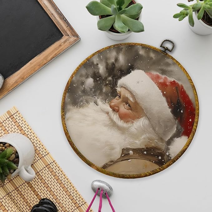 XPH Vintage Christmas Santa Round Wall Art Framed, Rustic Christmas Circle Wall Decor, Farmhouse Cozy Winter Xmas Hanging Canvas Prints for Home Bedroom Living Room Decoration, 10x10 Inch