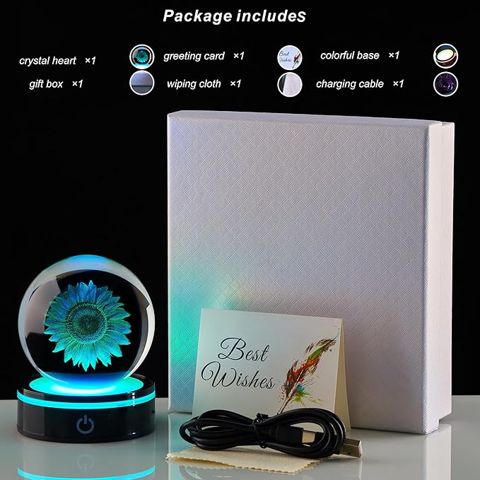 3D Crystal Ball Statue with LED Color Changing Base, Suitable for Daughters, sons, Mothers, Girlfriends, Birthdays, Friends, Colleagues, Wives' Gifts, Love Sunflower Ornaments and Decorations