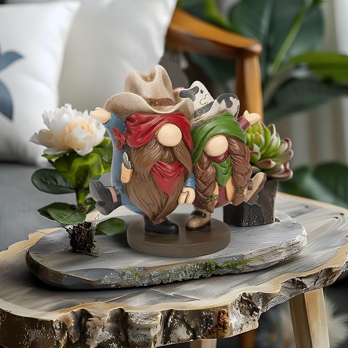 Western Cowboy Cowgirl Gnomes Decor, 5.1x4.9 Inchs Resin Figurines Southwestern Table Shelf Desk Indoor Decorations for Home, Cowboy Gifts
