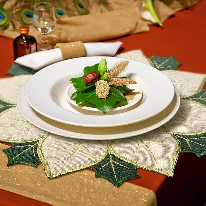 Christmas Placemats Set of 6 Christmas Embroidered Placemats 14 x 14 Inch Round Elegant Double Layer Appliqué Poinsettia Xmas Flower Place Mat Table Decorations for Home Dining Holiday