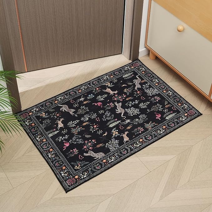 Rugcomf Door Mat Indoor Entrance 2x3 Rug Machine Washable Boho Floral Animal Small Area Rug Non-Slip Low Pile Throw Rugs for Entryway, Kitchen, Front Door Indoor Entrance, Entry, Kids Room (Black)