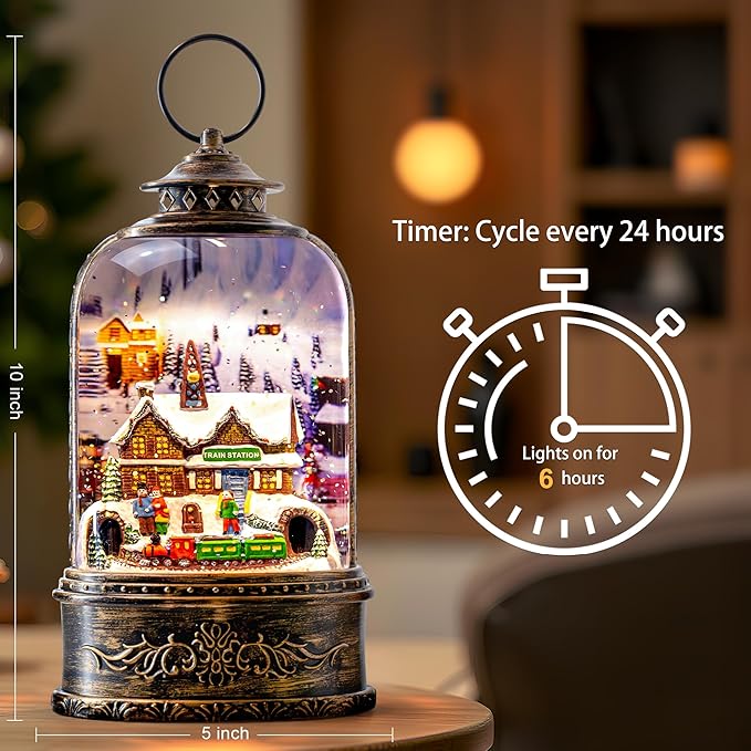 10.3" Christmas Snow Globe Water Lantern with Train Station Scene Battery Operated or USB Powered Musical Lighted Holiday Decoration for Tabletop Display for Family and Friends