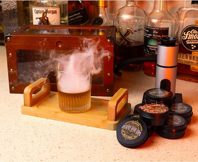 Old Fashioned Whiskey Smoker Box Kit with Dual View, Magnetic Clasp, Glass Smoker Top & Bamboo Tray for Bourbon Whiskey Cocktail Drinks & Smoke Infusion (Smoker Box, No Butane or Torch Incl.)