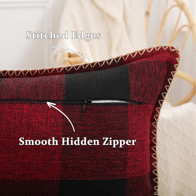 decorUhome Christmas Buffalo Plaid Check Throw Pillow Covers 12x20 Set of 2, Farmhouse Gingham Lumbar Linen Decorative Pillow Covers with Stitched Edge for Bed Couch Sofa, Red and Black