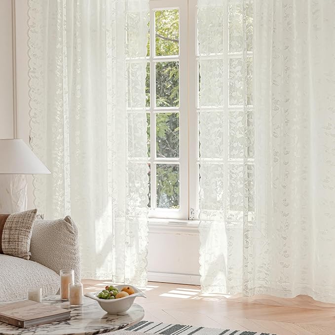 Ivory Lace Semi-Sheer Curtains – Vintage Leaves Pattern Lace for Bedroom/Bathroom, Light Filtering Rod Pocket Drapes, Privacy Chic Window Treatments Scalloped Hem, 52W x 72L Inch, 2-Panel Set