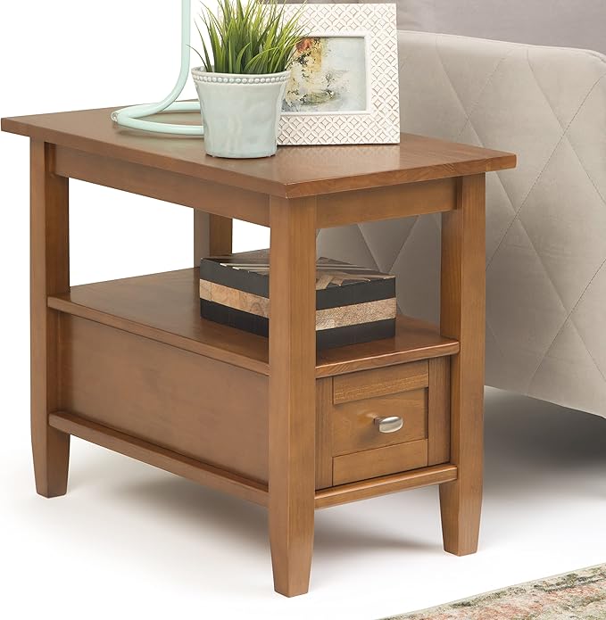 SIMPLIHOME 14" Solid Wood Narrow Side Tables with Storage - 1 Drawer & Shelf in Light Golden Brown and 2 Shelves in Light Golden Brown
