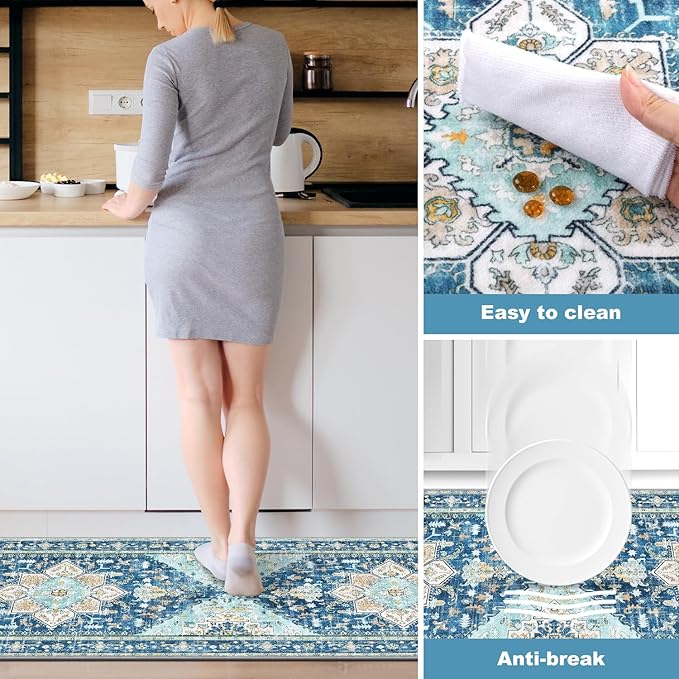 Yamaziot Boho Washable Kitchen Rugs Sets of 3, Non Slip Kitchen Mats for Floor with Rubber Backing, Waterproof & Stain Resistant Thick Carpet Runner Throw Rugs for Kitchen, Laundry Room, Hallway, Blue