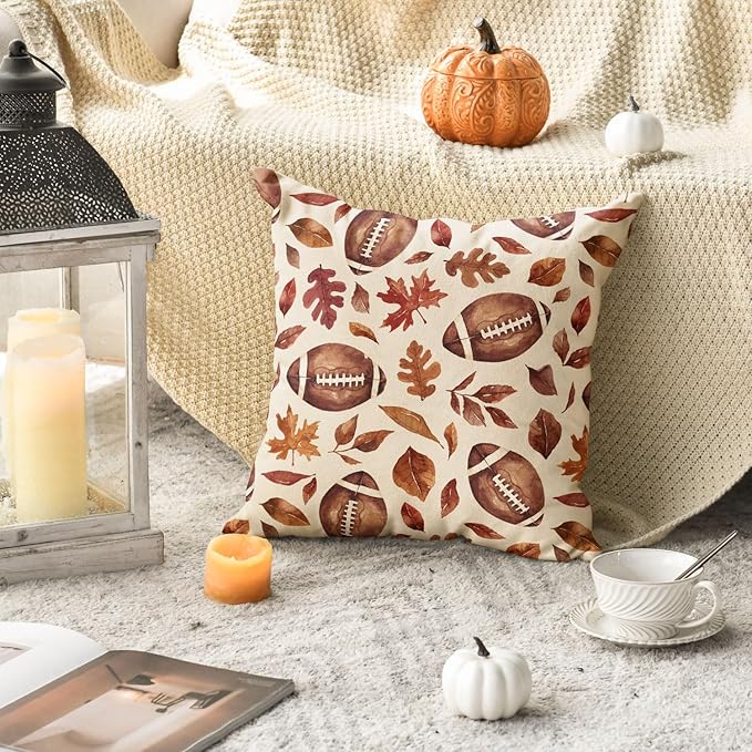 AVOIN colorlife Fall Football Maple Leaves Throw Pillow Cover 18x18 Inch, Seasonal Autumn Thanksgiving Harvest Cushion Case Decoration for Sofa Couch