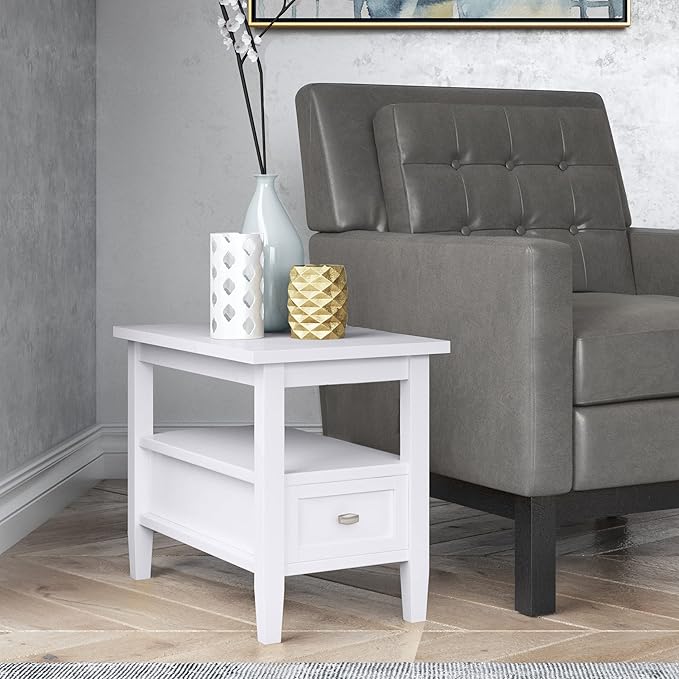 SIMPLIHOME Warm Shaker SOLID WOOD 14 inch Wide Rectangle Transitional Narrow Side Table in White for the Living Room and Bedroom